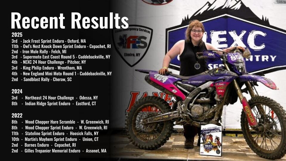 A trophy and check for 3rd place, with Tali's blue motorcycle on a trailer in the background