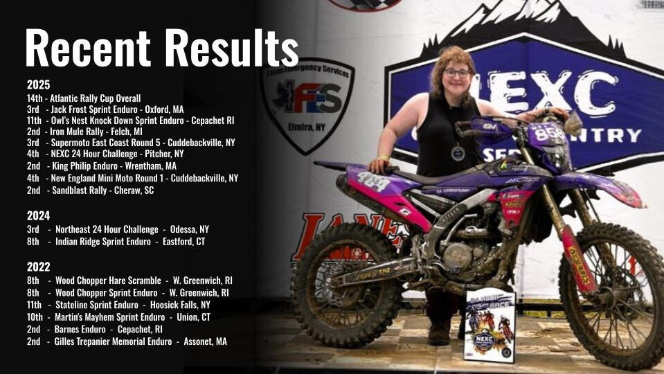 A trophy and check for 3rd place, with Tali's blue motorcycle on a trailer in the background