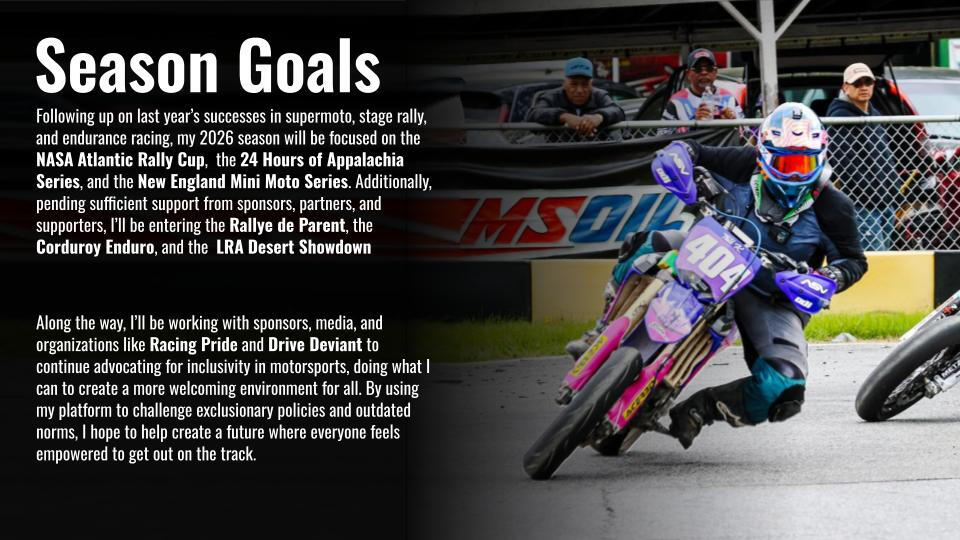 Tali rides her blue motorcycle towards the camera on a racetrack